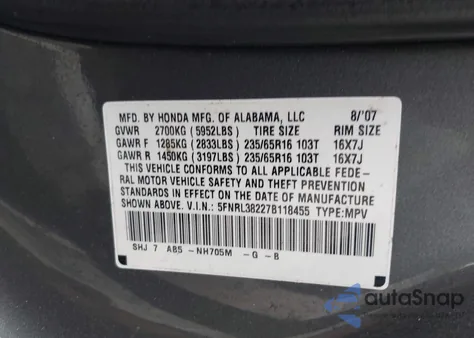 2007 Honda Odyssey Lx from USA, damaged, VIN 5FNRL38227B118455